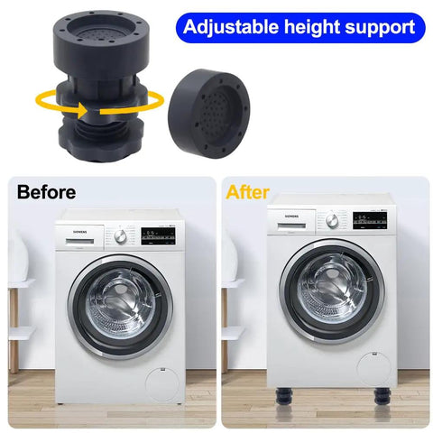 Heavy Duty Adjustable Leveling Feet For Washers Dryers And Fridges With Grippy Rubber Pads That Shut Out Moisture Guard Floors And Make Quick Tidy Ups A Total Breeze Solid Four Pack showing before and after leveling effect.