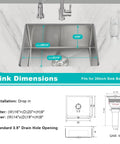 Diagram of Undermount Kitchen Sink 20 By 16 Inch In 304 Stainless Steel, Single Bowl dimensions with drain measurements.