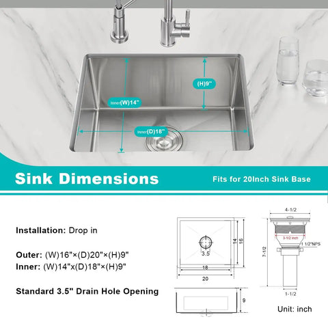 Diagram of Undermount Kitchen Sink 20 By 16 Inch In 304 Stainless Steel, Single Bowl dimensions with drain measurements.