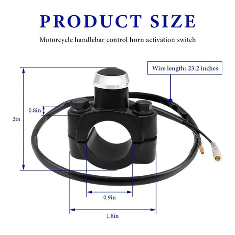 Seven Eighths Inch Motorcycle Handlebar Horn Start Switch Aluminum Start Stop Button with size dimensions diagram.