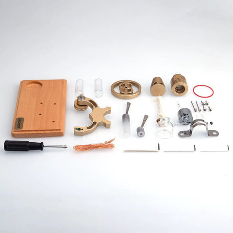 DIY Gamma-Shape Stirling Engine Kit With Generator And LED Lights, Bronze Retro Industrial Science Model For Adults, Hands-On Assembly Project With Realistic Engine Demonstration And Totally Nerdy Educational Fun. 6.30×2.36×2.93 in parts laid out