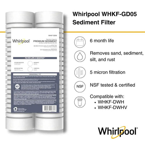10x2.5 Inch Whole Home Sediment Filter, 5 Micron, 6 Month Life, reduces sand, rust, silt and soil, compatible with WHKF-DWH, NSF certified