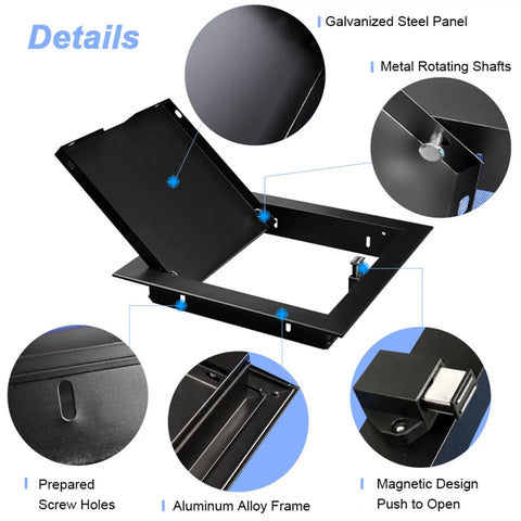 Custom Sized Black Drywall Access Panel With Slick Touch Latch And Heavy Duty Aluminum Frame For Ceilings Walls Quick Flush Install For Hidden Plumbing Electrical Work No Sweat Setup showing galvanized steel and aluminum frame.