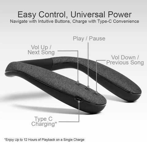 Wireless Neckband Speaker With 360 Degree Surround Sound And No Lag For Gaming And TV, 12 Hour Battery, Type C Quick Charging