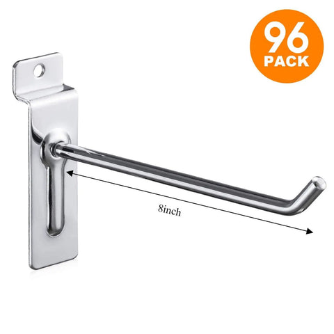8 Inch Heavy Duty Slatwall Hooks Silver 96 Pack For Retail Displays And Tool Organization With Angled 45 Degree Tip Preventing Slips