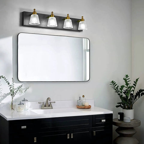 Mid Century Modern 4 Light Vanity Light Fixture Crystal Glass Over Mirror Matte Black And Gold Rad Wall Light For Bathroom