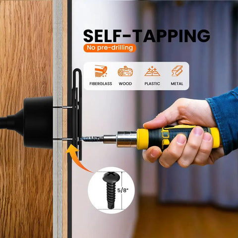 Person using a screwdriver for self-tapping screw installation in wood, showcasing DIY assembly of Rugged Outdoor Waterproof Outlet Kit.