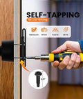 Self-tapping screw demonstration with a yellow drill through wood, labeled for fiberglass, wood, plastic, and metal use, 5/8 inch size.