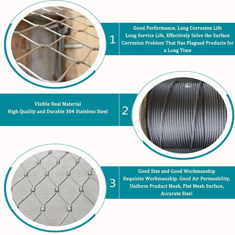 Built Like A Tank 304 Stainless Steel Flexible Cable Safety Net For Balcony Stair Guards showcasing durable mesh and wire quality.