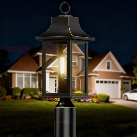 Dusk to Dawn Outdoor Post Light 19.29 Inch Matte Black Lamp Post With Pier Mount in garden at night