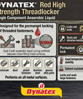Label of Dynatex Red High Strength Thread Locker showing use on metal surfaces and permanent locking features.