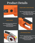 No Sweat 2300W Portable Electric Pipe Threading Machine With All Copper Motor; safety switch and carbon brush cover details.
