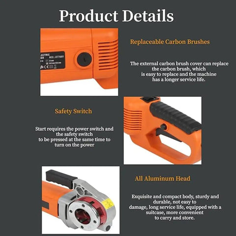No Sweat 2300W Portable Electric Pipe Threading Machine With All Copper Motor; safety switch and carbon brush cover details.