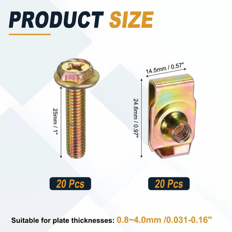 20 Piece M6 Body Bolts And U Nuts Kit For Bumper And Fender Liner Replacement, Manganese Steel Fasteners For Most Cars, Easy Install, DIY Friendly And Secure Fastening With Durable U Nuts And Bolts, 25mm bolt and U nut size