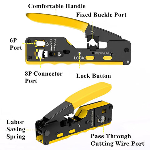 Pro Grade RJ45 Crimp Tool Kit With Pass Through Connectors For Cat7 Cat6a Cat6 Cat5e Cat5 features labeled components.
