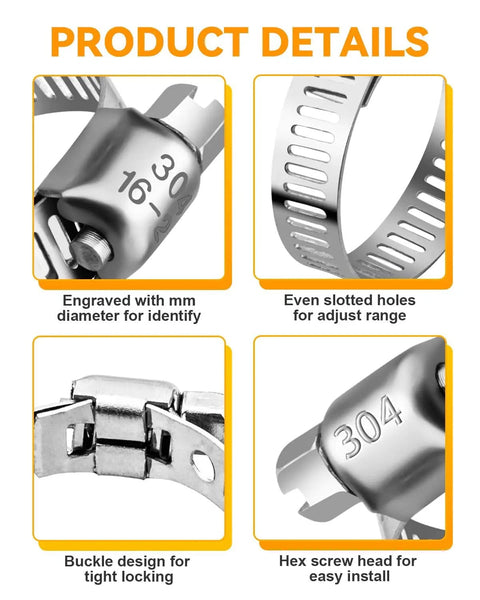 Detailed view of 70 Piece Hose Clamp Kit With 304 Stainless Steel Adjustable Worm Gear Clamps features and design details