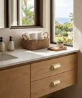 Ten Pack Gold Cup Pulls Three Inch Center To Center Cabinet And Drawer Handles For Kitchen Hardware featuring brushed gold cup pulls on oak drawer.