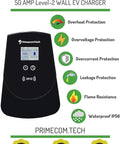 Diagram of Level 2 Adjustable EV Wall Charger Station 220V with 12 to 50 Amp Modes highlighting features and protections