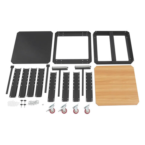Heavy Duty Rig Rolling Planer Stand Supporting 550 Pounds With Quick Height Adjust And Smooth Ride Casters parts layout including wooden tabletop and metal supports.