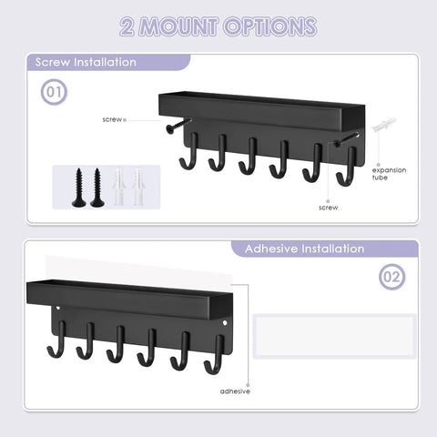 Compact Wall Mount Key Holder With Tray And Six Hooks Black Finish Easy Two Mount Options With Adhesive Tape Or Screws Durable Key Organizer For Entryway Or Kitchen That Keeps Keys And Small Accessories In Check And Ready To Grab installation options