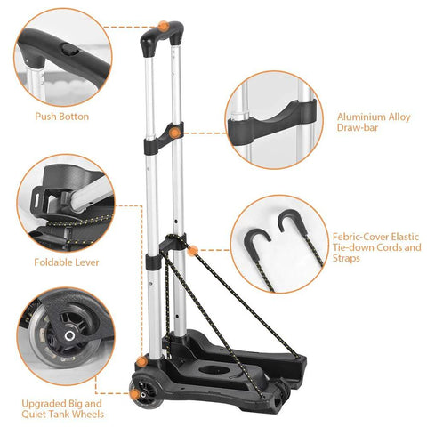 Folding Luggage Cart With 88 Lb Load Capacity Lightweight Durable Aluminum Alloy Frame Travel Trolley details with wheels and straps