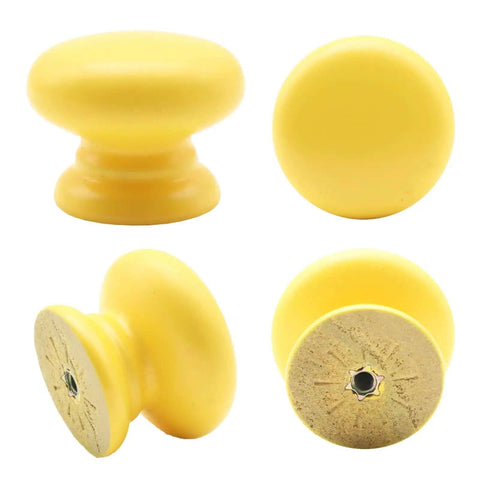 Premium Wooden Cabinet Knobs Set Of Five Modern Round Drawer Pulls For Kitchen Cupboards And Dressers, Slick Yellow Mushroom Handles With Sturdy Mounting Hardware, Clean Home Refresh, 35mm yellow mushroom handle details.