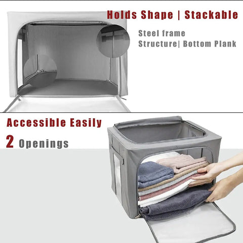 Stackable Gray Closet Storage Bins 3 Pack With Metal Frame, 40L Each, Foldable Organizer Boxes with clear window and zipper