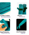 Heavy Duty Animal Handling Gloves For Training Dogs Cats Birds Snakes Parrots Lizards Reptiles Bite Proof Protection with Seventeen Point Seven Inch Leather Gloves featuring thick cowhide leather, seam protection, and arm protection.