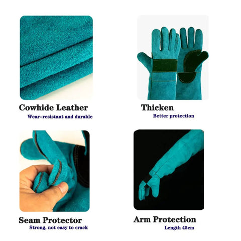 Heavy Duty Animal Handling Gloves For Training Dogs Cats Birds Snakes Parrots Lizards Reptiles Bite Proof Protection with Seventeen Point Seven Inch Leather Gloves featuring thick cowhide leather, seam protection, and arm protection.