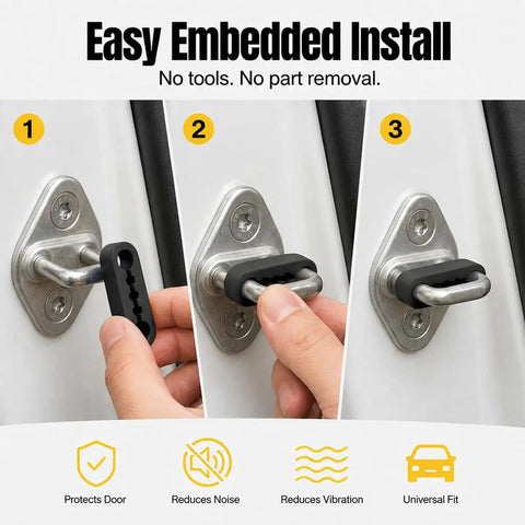 Road Ready Car Door Latch Cover Pads being installed on a metal latch, demonstrating easy setup for smooth closing.
