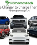 Level 2 EV Charger 240V 32A and 40A For Home Use with five electric cars and NEMA 14-50 plug, portable charging station.
