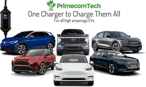 Level 2 EV Charger 240V 32A and 40A For Home Use with five electric cars and NEMA 14-50 plug, portable charging station.