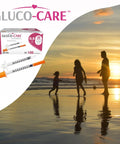 Front view of GLUCO-CARE syringes box and two syringes, 0.5 mL/cc, 30G x 5/16 in (8 mm), orange plungers, 100 per box