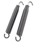 Two Pack 90mm Swivel Exhaust Muffler Springs For Motorcycles Durable Stainless Steel Construction With Anti Binding Hook Design Keeps Exhaust Parts Tight Prevents Cracking On Rough Bumpy Roads. 90mm stainless steel exhaust springs with swivel hooks shown on white background