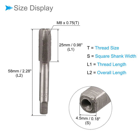 Straight Up Heavy Duty M8 X 0.75 Metric Hand Threading Taps Smooth Operator Steel Cutters size display with dimensions and features