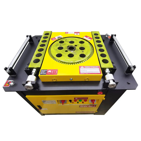 Heavy Duty Electric Rebar Bender With Zero To One Eighty Degree Adjustable Pivot And Rock Solid Cast Iron Frame Built Like A Tank For Tough Job Site Work And Steel Bends, top view with control panel.