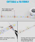 Close-up of Motion Activated LED Strip Lights 16.4 Ft For Under Cabinet and Kitchen showing cut marks and adhesive clips.