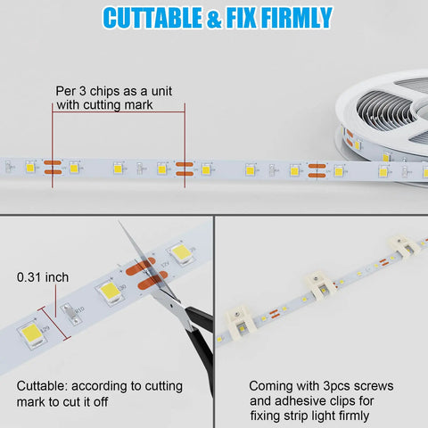 Close-up of Motion Activated LED Strip Lights 16.4 Ft For Under Cabinet and Kitchen showing cut marks and adhesive clips.