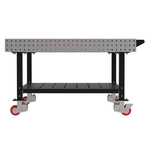 Hella Sturdy Heavy Duty Welding Fixture Table With Precision Laser Cut Industry Standard Holes And Locking Swivel Casters 60X60X36 side view with shelf