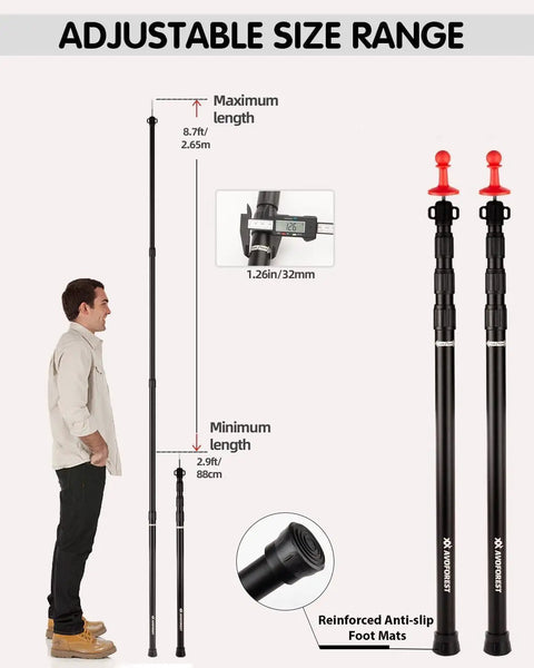 Beefed Up Heavy Duty Adjustable Tarp Poles 8.7Ft Telescoping Aviation Aluminum Canopy Poles next to person for size reference