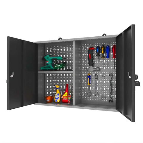 Metal Wall Cabinet With Lockable Door For Garage Or Basement Black And Grey Pegboard Interior With Detachable Shelves For Flexible Tool Storage And Organization, Durable Powder Coated Finish, Sturdy Metal Construction