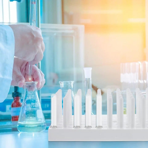 Heavy Duty Test Tube Rack With Peg Drying Layout For Reliable Centrifuge And Microtube Holding Two Pack on lab counter.