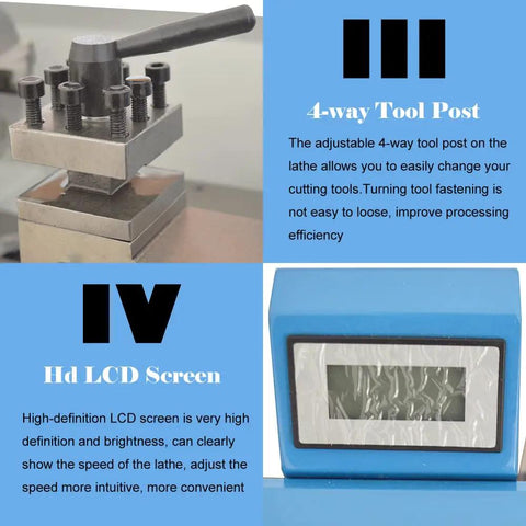Heavy Duty Mini Metal Lathe Rigged Out With A Smooth One Horsepower Brushless Motor And Rock Solid Cast Iron Base showing 4-way tool post and HD LCD screen
