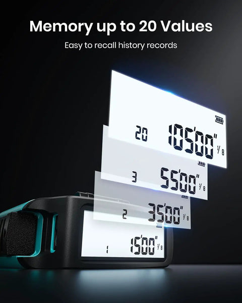 Display of Do It All Laser Distance Meter And Digital Tape Measure With 130 Ft Range showing memory of up to 20 values