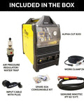 Dual Voltage Plasma Cutter 60 Amp Kit For Home Or Shop With Pilot Arc Torch, 110V And 220V, Clean Cuts Up To Seven Eighths Inch, Pro Grade Complete Kit Included with accessories displayed