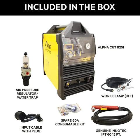 Dual Voltage Plasma Cutter 60 Amp Kit For Home Or Shop With Pilot Arc Torch, 110V And 220V, Clean Cuts Up To Seven Eighths Inch, Pro Grade Complete Kit Included with accessories displayed