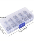 Stainless Steel Wood Screws And Hex Set Screws Kit 400 Pieces with organized storage case, visible partitions and dimensions