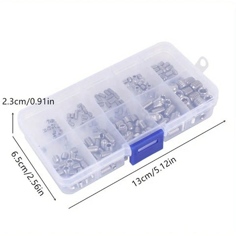 Stainless Steel Wood Screws And Hex Set Screws Kit 400 Pieces with organized storage case, visible partitions and dimensions
