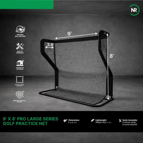 Pro Series 9x9 Golf Net With Auto Ball Return, black mesh net with durable aluminum frame, easy setup for simulator use.