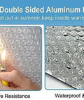 Reflective Double Sided Aluminum Foil Bubble for insulation; shows fire resistance test with bubbles and shiny side texture.